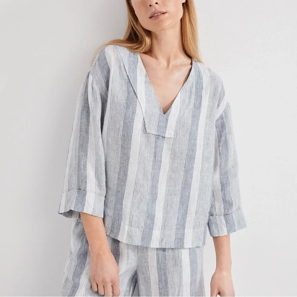Haven Well Within Ombre Striped Linen V-Neck Top • Size M • 3/4 Sleeve Coastal - Picture 1 of 11